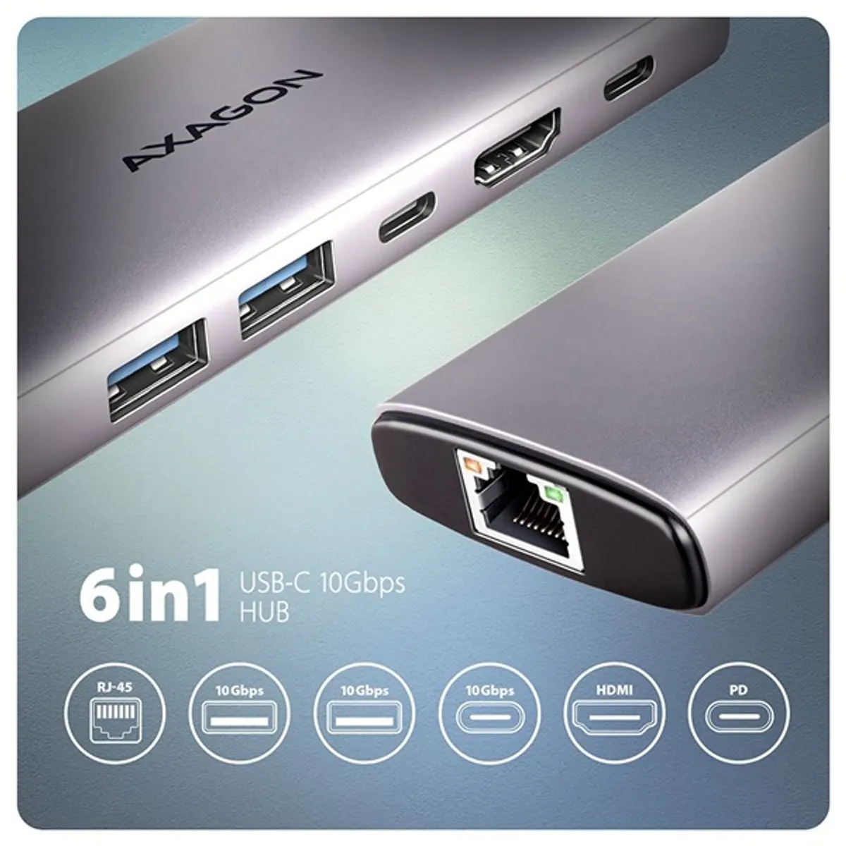 AXAGON HMC-6G2L USB-C 6in1 hub USB-C 10Gbps HDMI 4K60 2x USB-A 10Gbps RJ-45 1Gbps PD 3.0 100W 15 cm #2