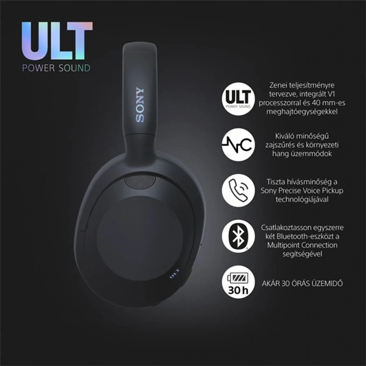 Sony WHULT900NB.CE7 ULT WEAR 40 mm hangszóró, zajszűrő, Bluetooth, multipoint, 30 óra üzemidő, fekete #2