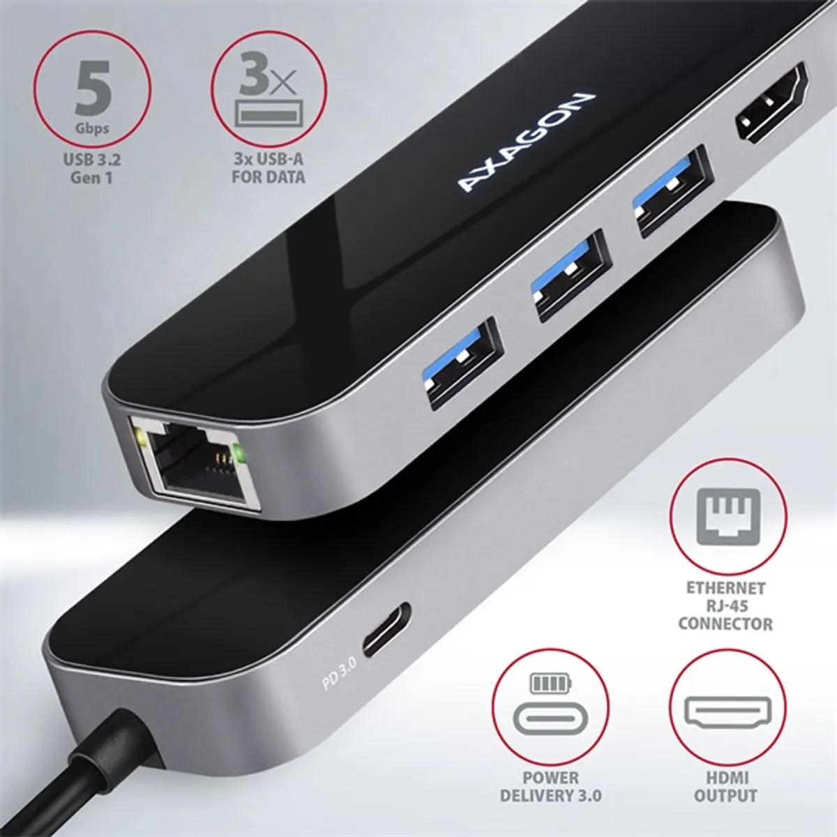 Axagon HMC-6GL 6in1 hub 3x USB-A 1x HDMI 1x RJ-45 USB-C PD 20 cm kábellel #2