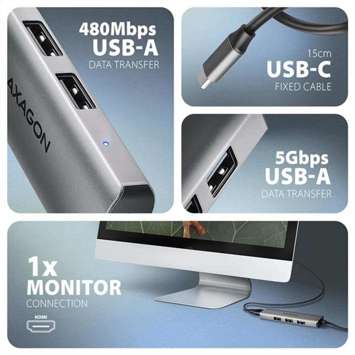 Axagon HMC-H3A USB-C 5Gbps STARTER 4in1 hub 3x USB-A HDMI #3