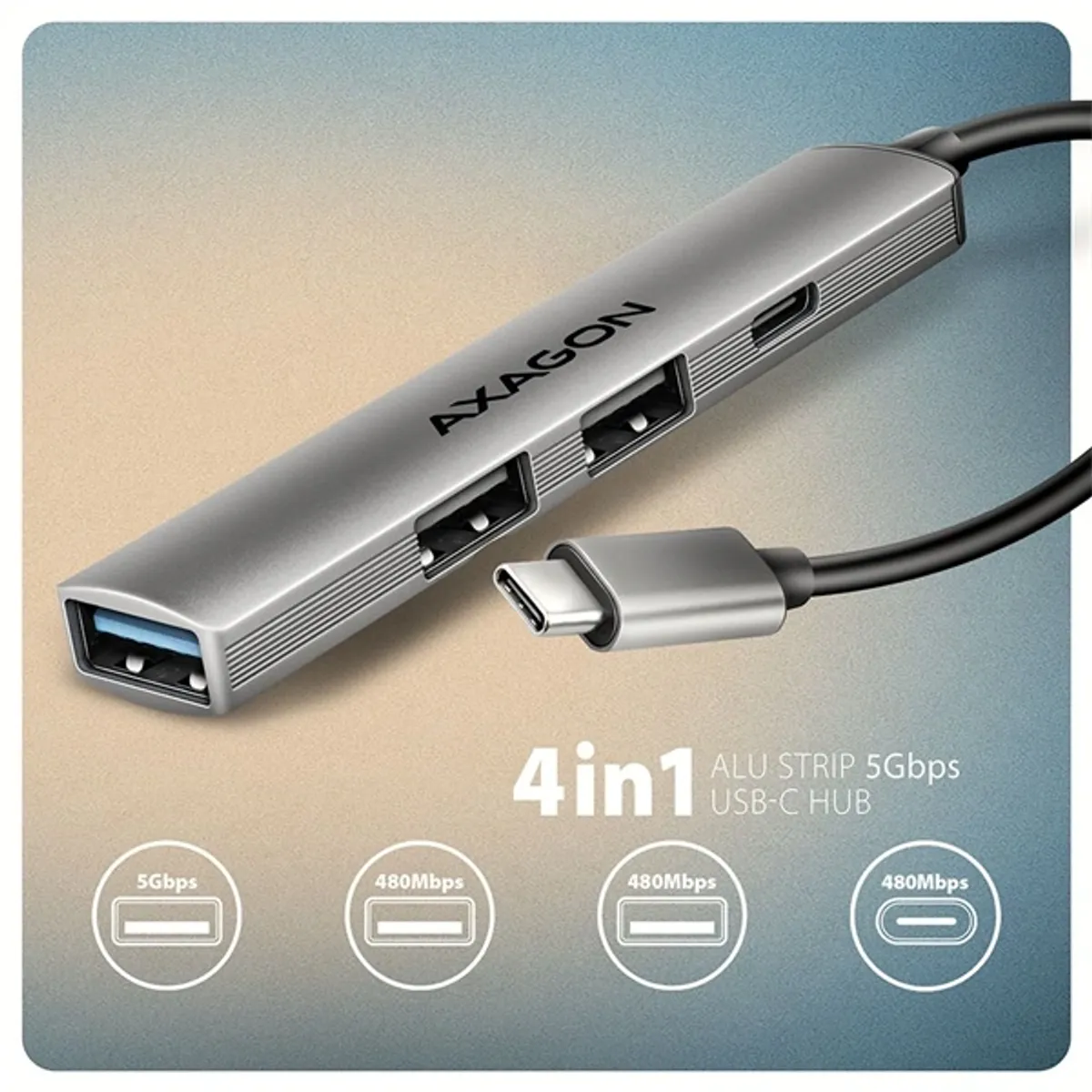 Axagon HUE-STC Alu Strip USB-C hub 4 port szürke táp nélküli #2