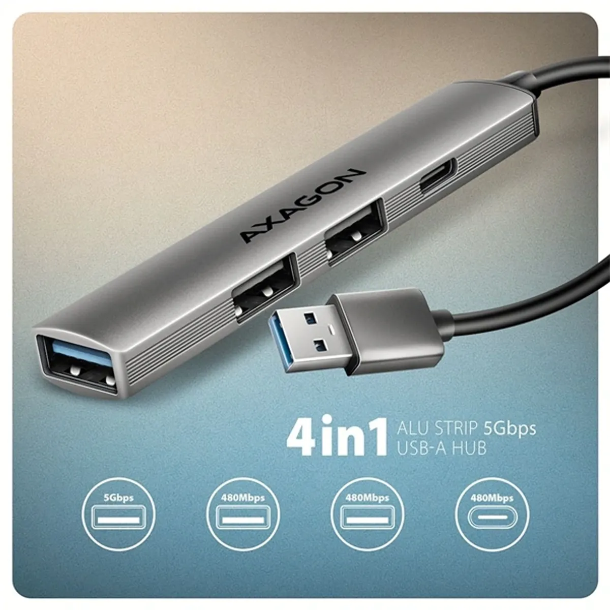 AXAGON HUE-STA Alu strip USB-A 4 port hub 12 cm kábel USB-C és USB-A szürke táp nélküli #2