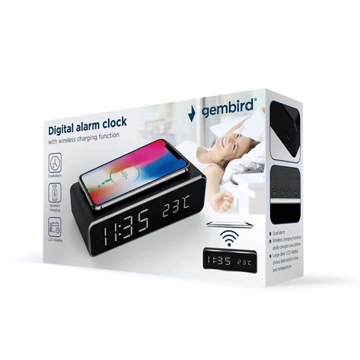 Gembird DAC-WPC-01 Digitális ébresztőóra LCD kijelző vezeték nélküli töltő fekete #6