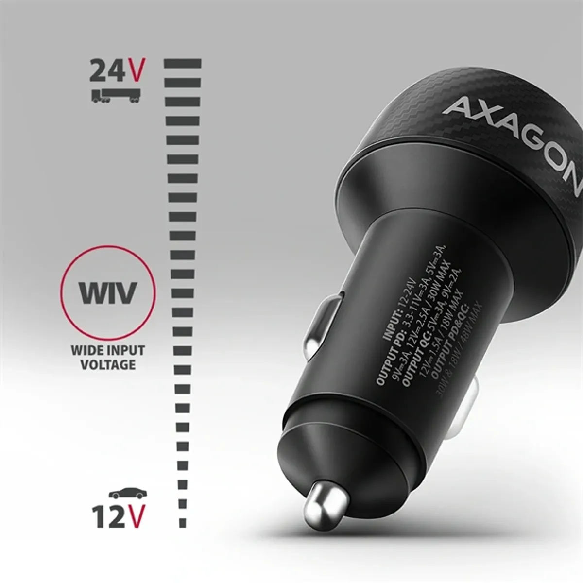 AXAGON PWC-PQ48 autós töltő 48W USB-C PD3.0 és USB-A QC3.0 18W, bemenet 12-24V, két kimenet #3