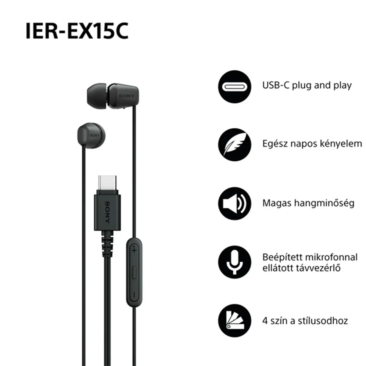 Sony IEREX15CB.CE7 Usb Type-C vezetékes mikrofonos fülhallgató Fekete 120 cm 5 mm beépített mikrofon hangerőszabályzó #2