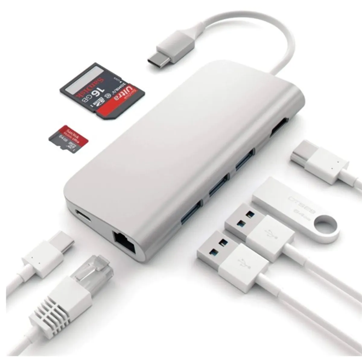 SATECHI ST-TCMAS Type-C többportos USB hub 4x USB-A, 1x USB-C, HDMI, RJ45, Micro SD és SD ezüst alumínium #3