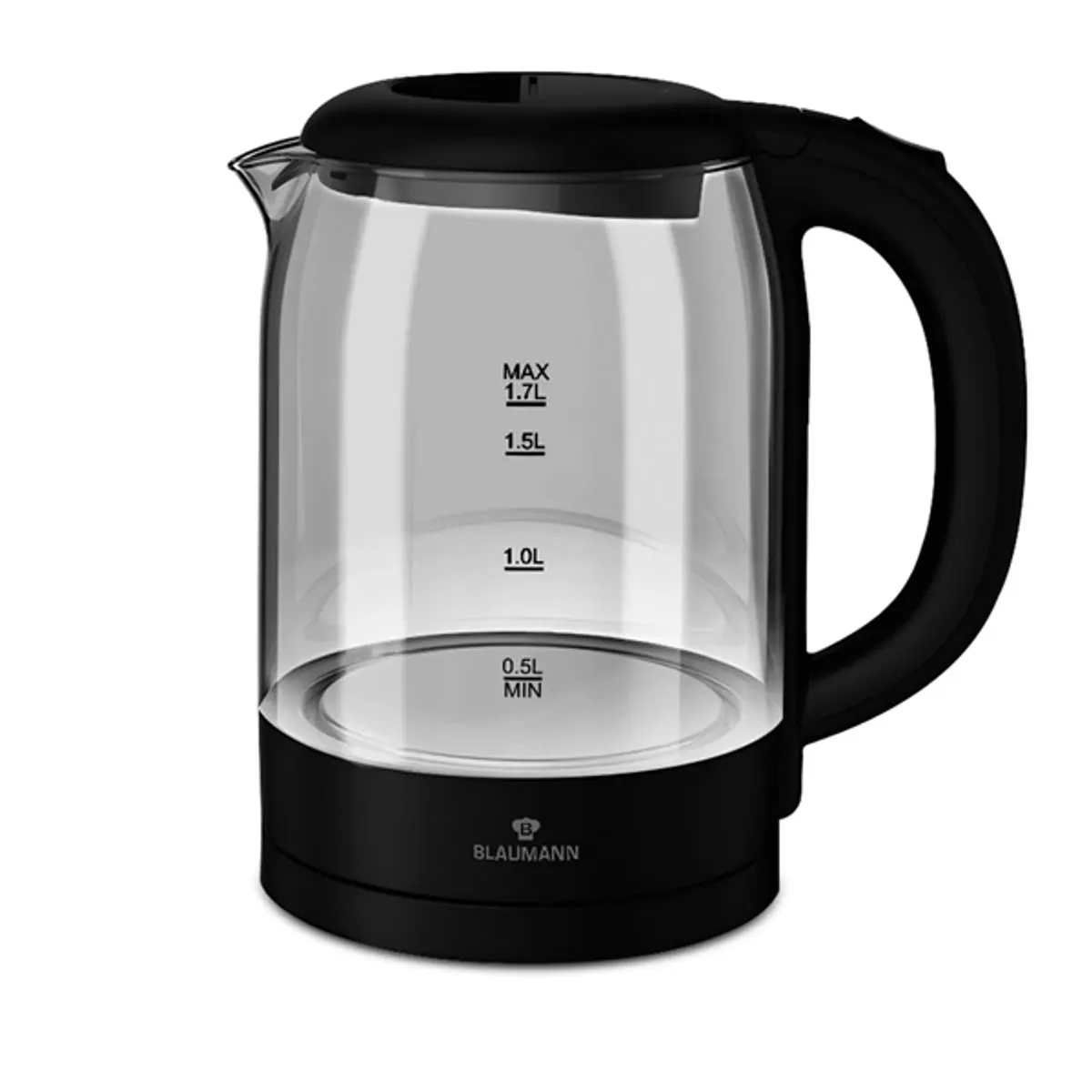 Blaumann BL-9006 vízforraló 1,7 L fekete üveg tartály automatikus kikapcsolás 360 fokban elforgatható vezeték nélküli kancsó 1800 W #1