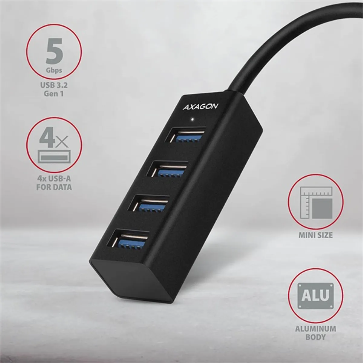 AXAGON HUE-M1A 4-portos USB hub USB 3.2 Gen 1 alumínium test 20 cm kábel #2