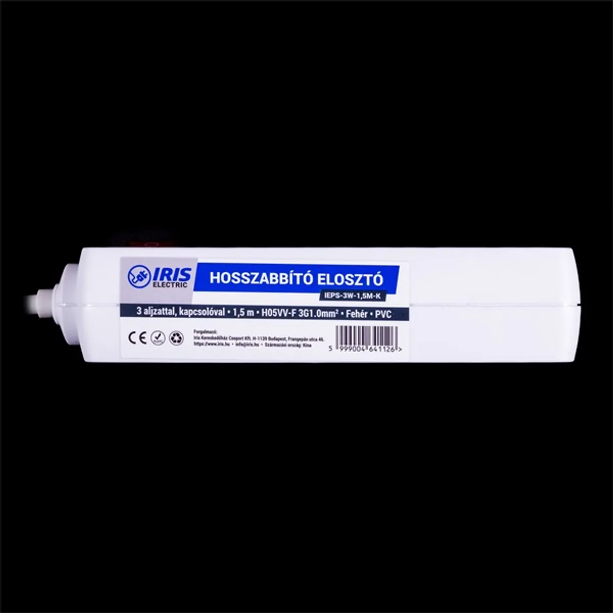 IRIS Electric IEPS-3W-1,5M-K Hosszabbító elosztó IP20, 3 aljzattal, kapcsolóval, 1,5m fehér #2