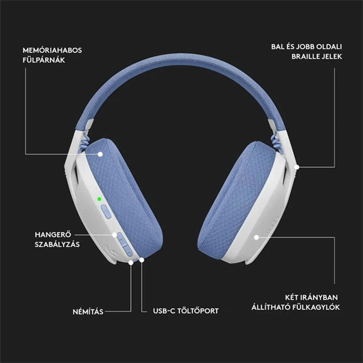 Logitech 981-001074 G435 Fejhallgató Lightspeed Bluetooth 10 m USB-C 20 Hz-20 kHz 45 Ohm Over-Ear Fehér-kék #9