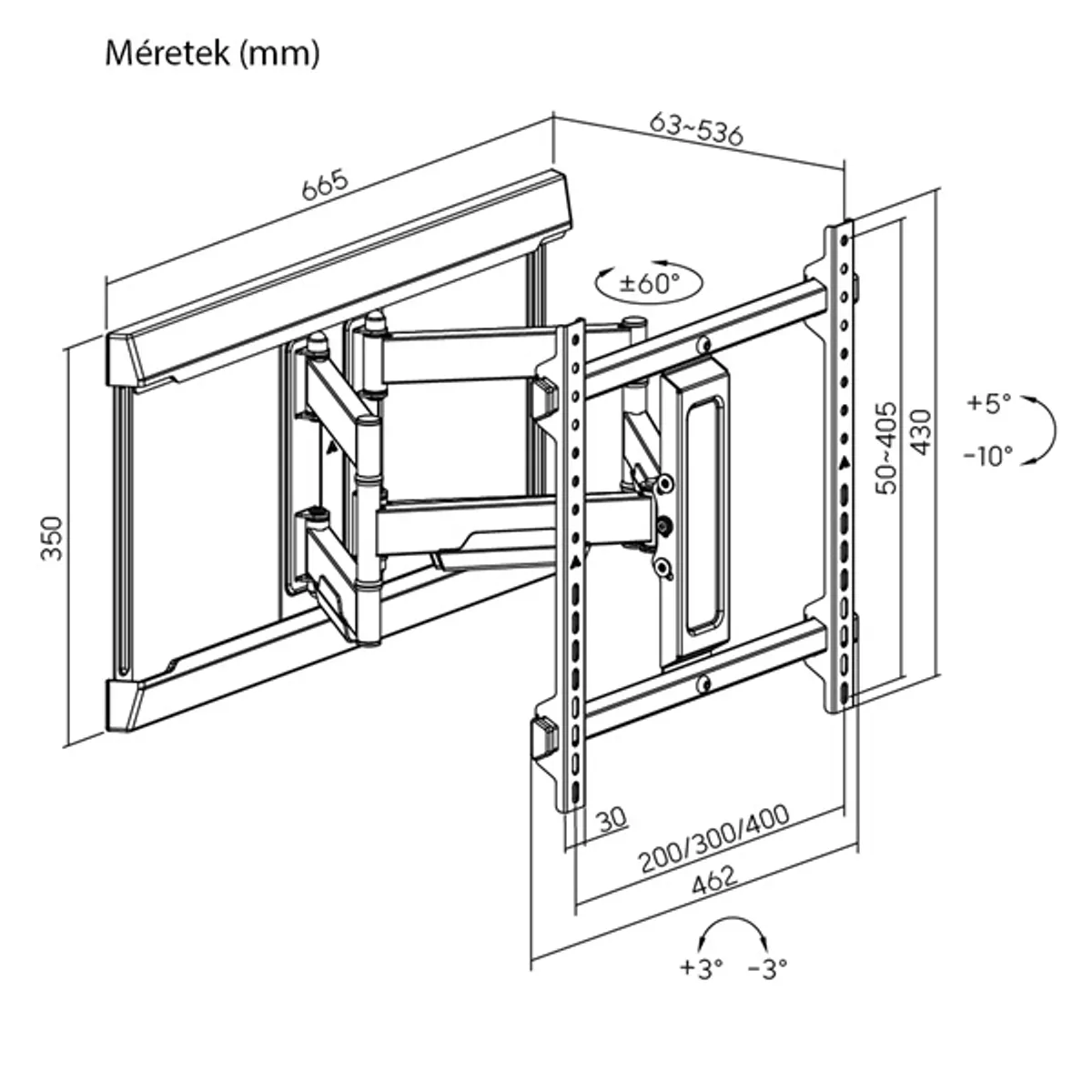 Stansson WM-3270-5-10 fali konzol 32"-70" dőlés +5-10 fok forgatás +60-60 fok VESA 200x100-400x400 60 kg kábelrendező #6