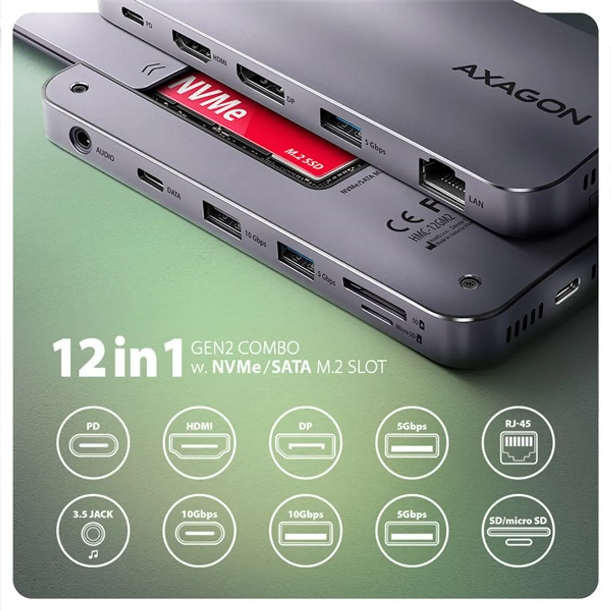 AXAGON HMC-12GM2 USB-C 12in1 hub 4 USB 50 cm kábel HDMI DisplayPort SD Micro SD SATA Gigabit LAN 10 Gbps #2