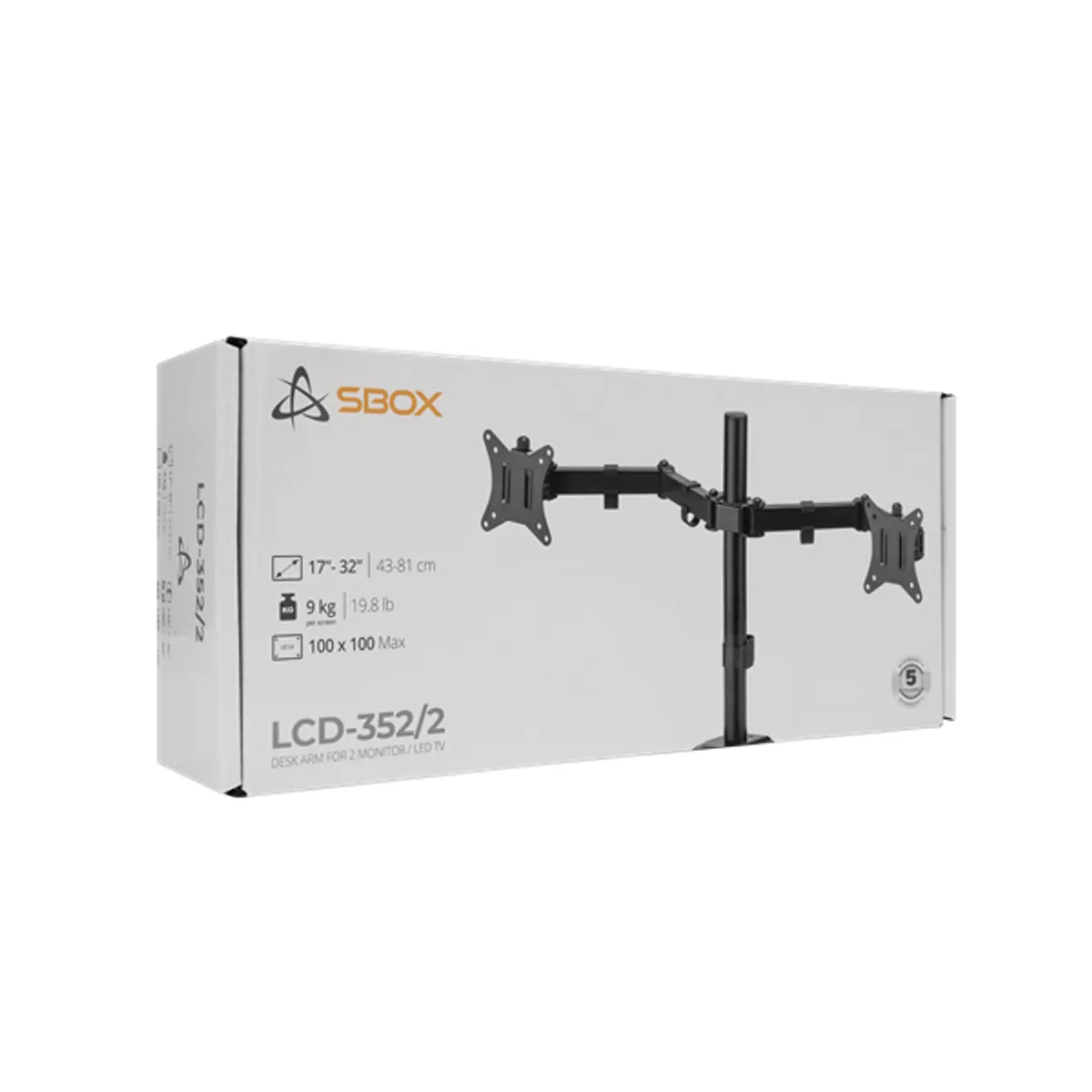 SBOX LCD-352-2-2 duál asztali monitortartó konzol 17"-32" 9 kg monitoronként kábelrendezés VESA 75x75 100x100 dönthető forgatható #10