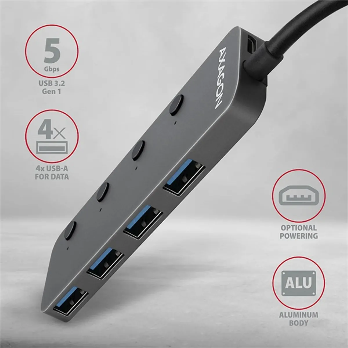 AXAGON HUE-MSA USB 3.2 Gen 1 4x USB-A hub, fém, 20 cm kábel #2