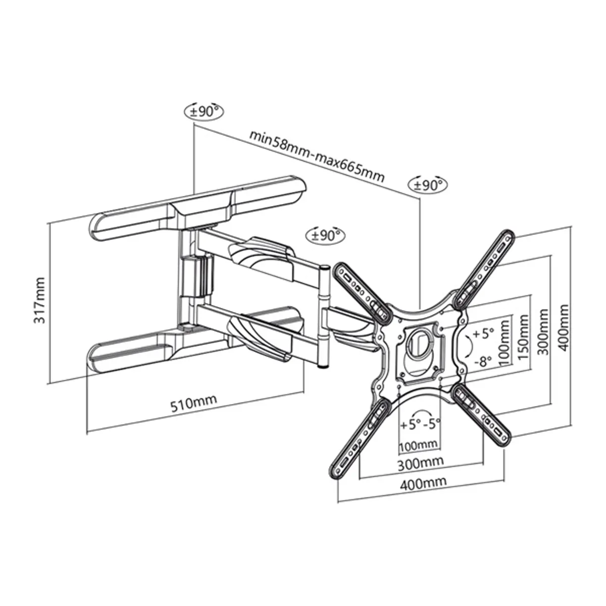 Stell 35051537 SHO 7610 Slim 23"-70" VESA 100x100 200x100 200x200 300x200 300x300 400x200 400x300 400x400 Dönthető 5°-8° Forgatható 90° #10