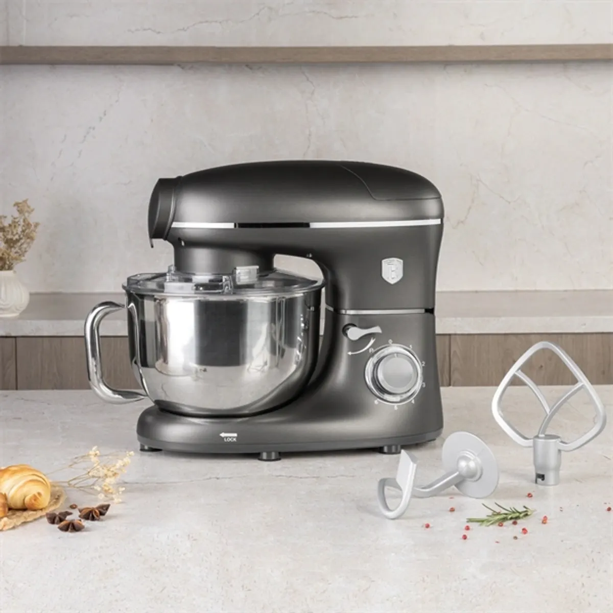 Berlinger Haus BH/9533 konyhai robotgép antracit 1500 W 7 l keverőtál, dagasztó, habverő, húsdaráló, bolygóforgatás, mixer, 6 fokozat #3