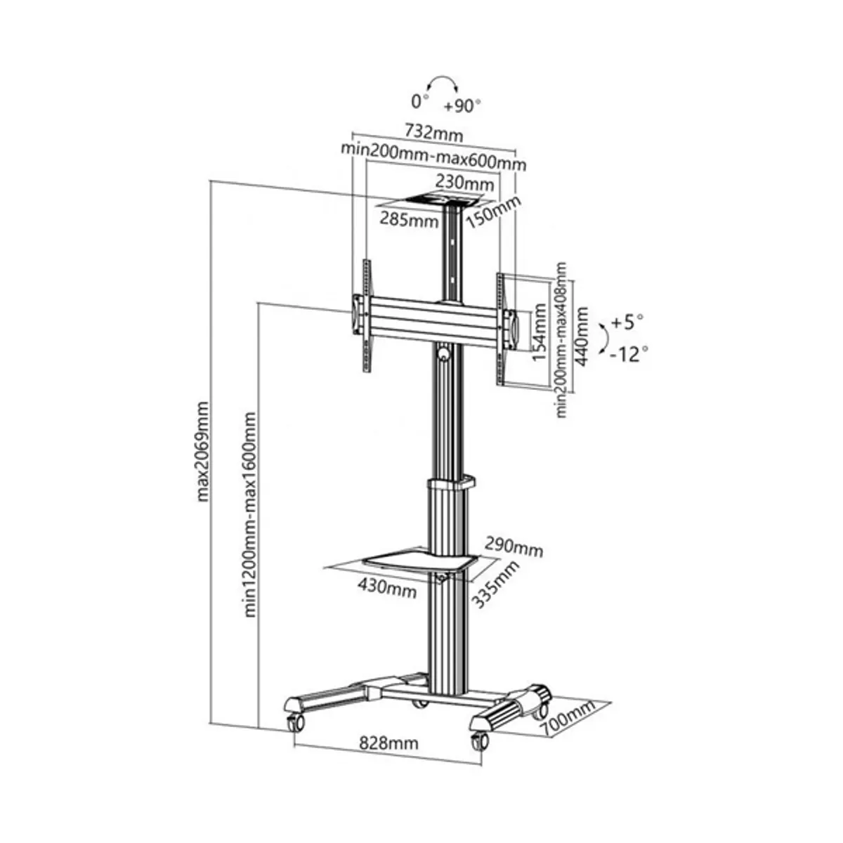 SBOX FS-446 dönthető, forgatható TV állvány 37"-70", VESA 200x200,300x300,400x400,600x400, 5°-12°, 0-90°, 1200-1600 mm, 50 kg, fekete, kábelrendező #2