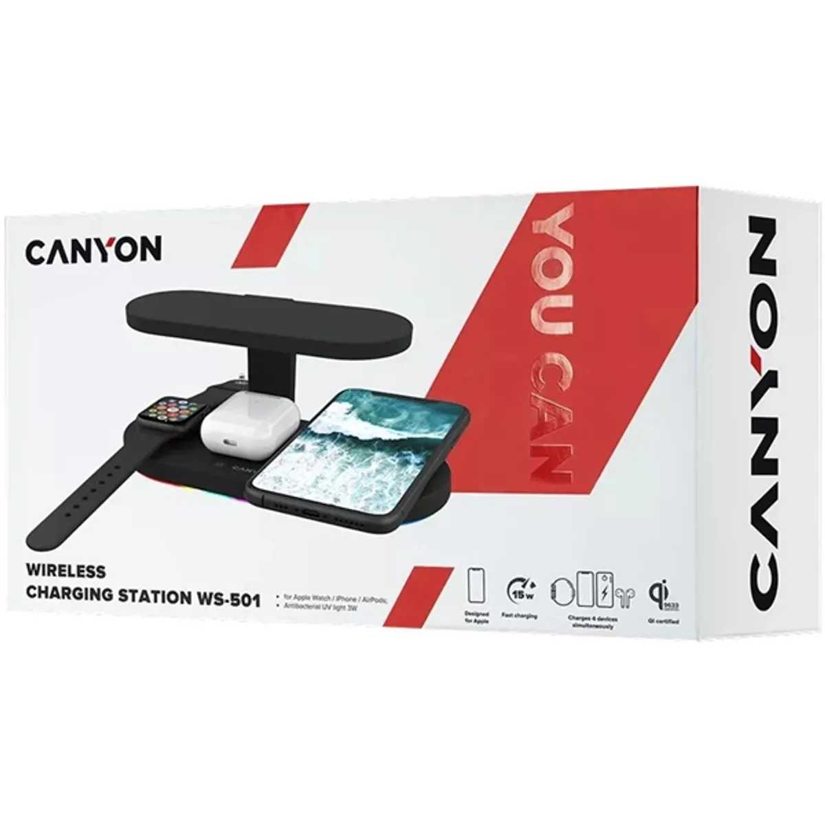 CANYON CNS-WCS501B WS-501 5in1 vezeték nélküli töltő UV sterilizáló 15W univerzális kompatibilitás fekete #8