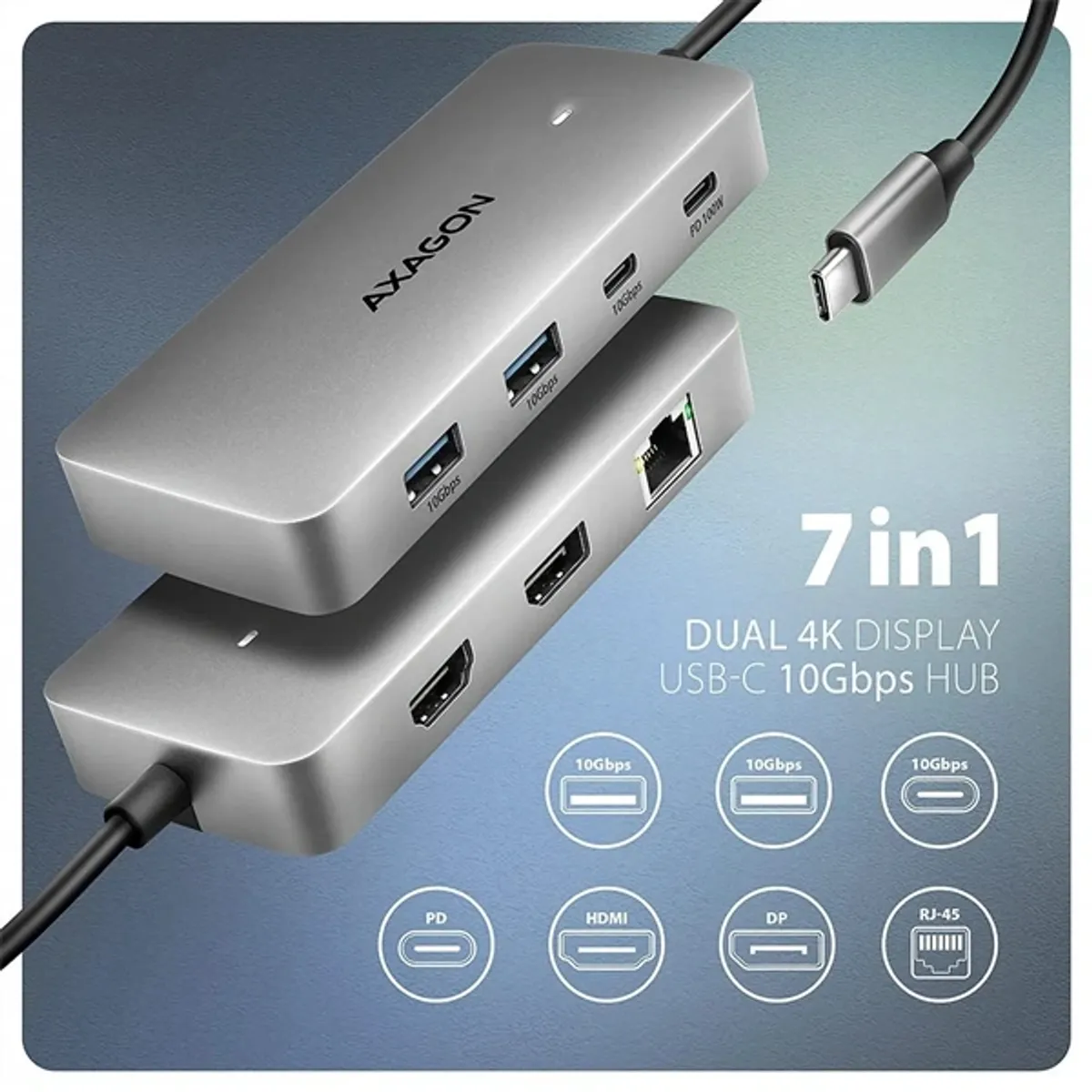 Axagon HMC-CUB83X2 USB-C hub 7in1 10Gbps USB-C USB-A HDMI DisplayPort RJ-45 15 cm kábel #2
