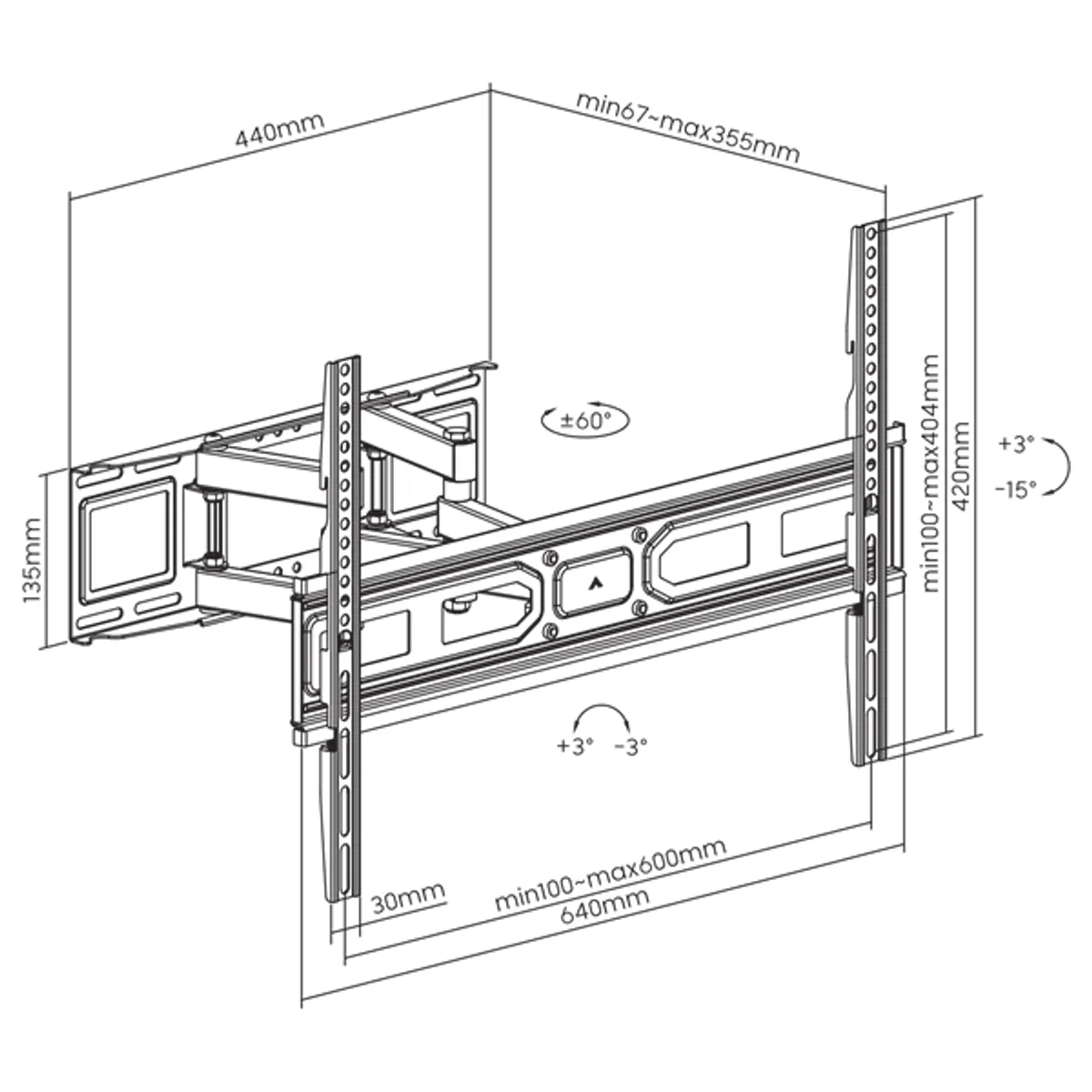 SBOX PLB-3646-2 fali konzol 37"-80" VESA 100x100;600x400, max terhelés 40 kg, dönthető és forgatható, magasságállítás, kábelvezetés, fekete #7
