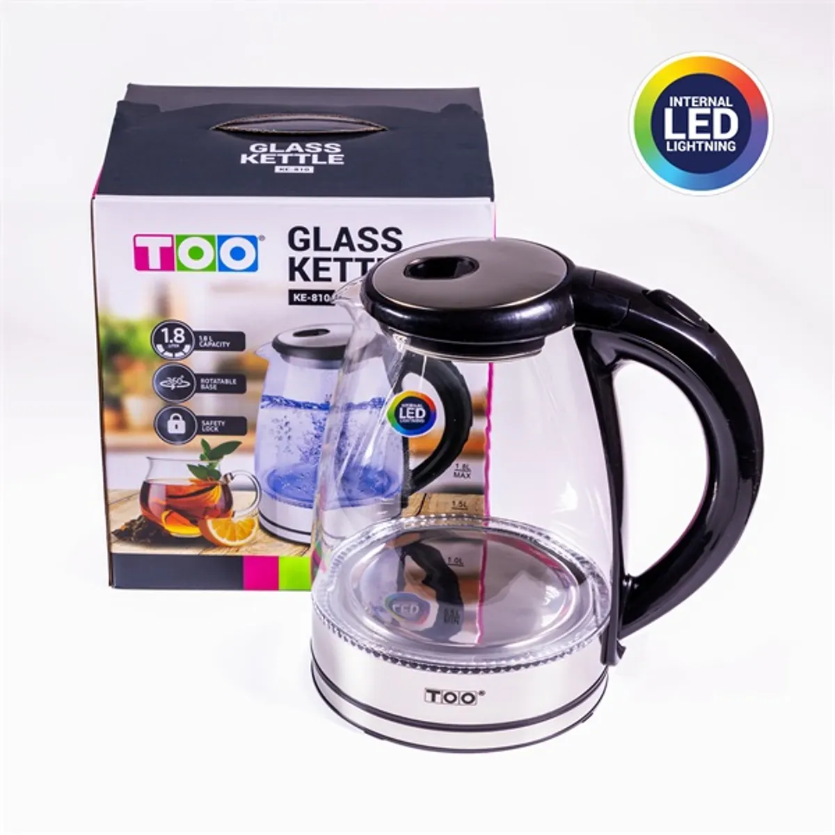 TOO KE-810 üveg vízforraló 1,8 L 1800 W automatikus kikapcsolás 360 fokban elforgatható talp vízkő szűrő vízszintjelző #2