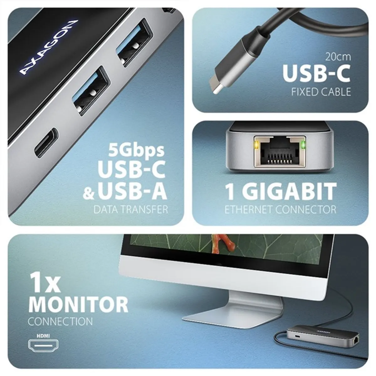 Axagon HMC-6GLN USB-C és USB-A HDMI LAN 3 USB-port 1Gb 6in1 hub #3