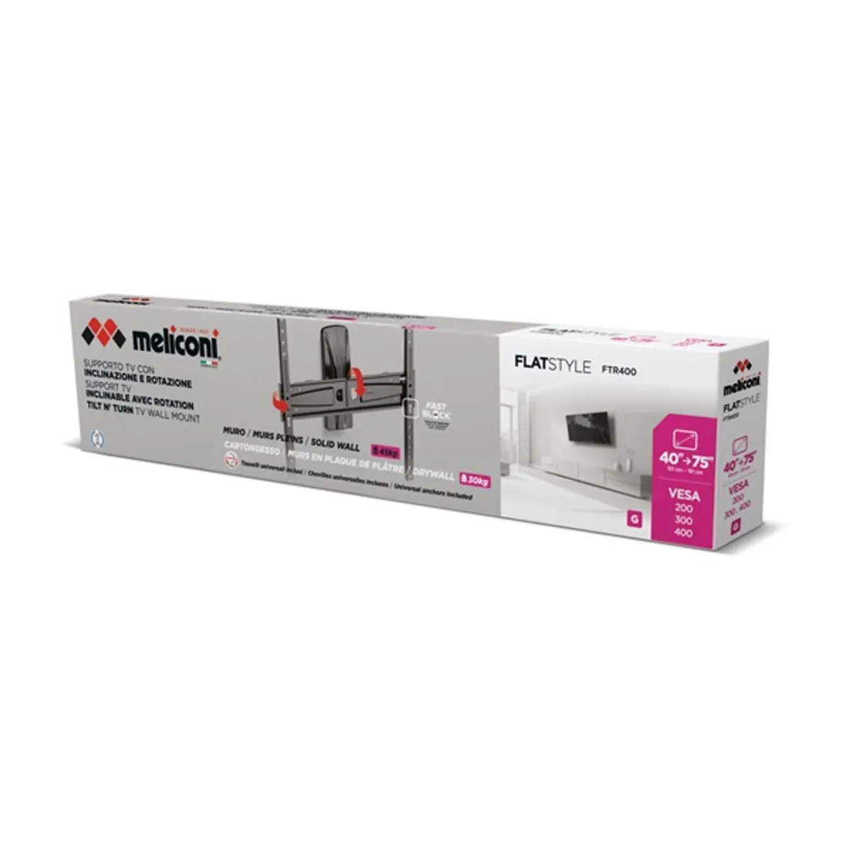 MELICONI 580478 Flatstyle FTR400 DW 40"-65" dönthető és forgatható fali TV konzol 45 kg VESA 200x200-300x300-400x400 #8