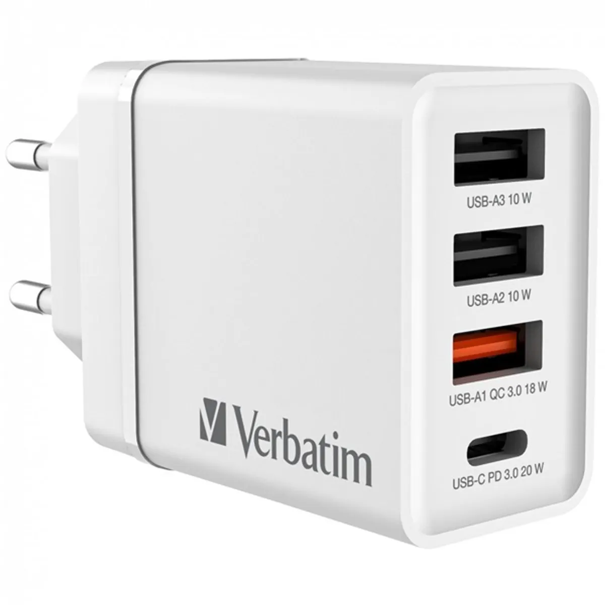 Verbatim 49701 30W 4-port USB fali töltő fehér 100-240V 1x USB-C PD 20W; 1x USB-A QC3.0 18W; 2x USB-A 10W #1