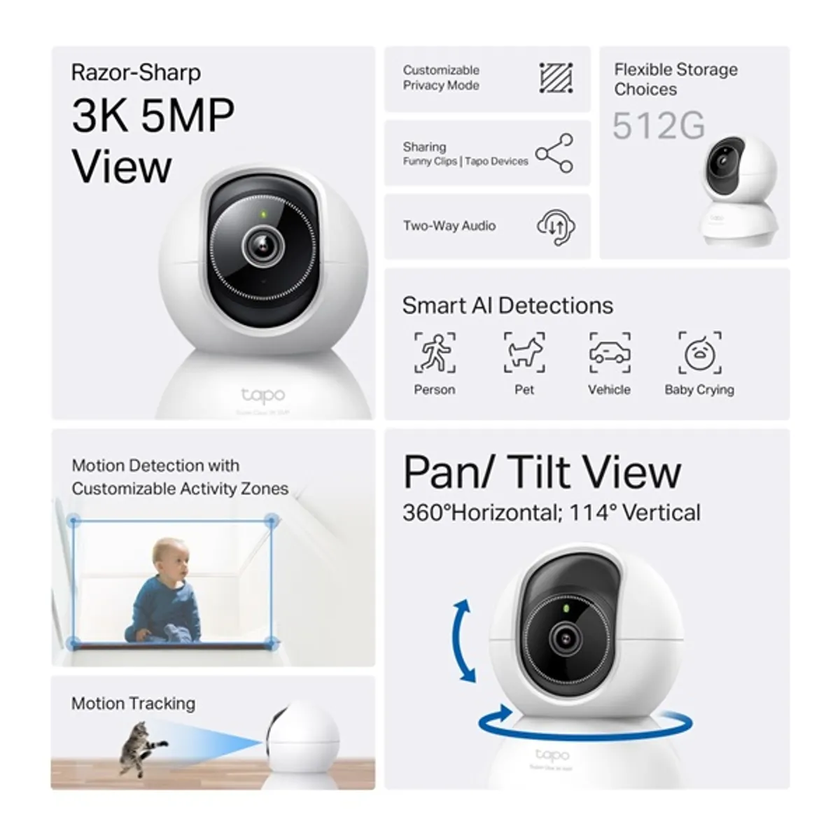 TP-LINK TAPO C230 Tapo C230 beltéri IP biztonsági kamera 2880x1620 88 fok látómező 340 fok pásztázás éjjellátó 12 m kétoldali audio microSD #3