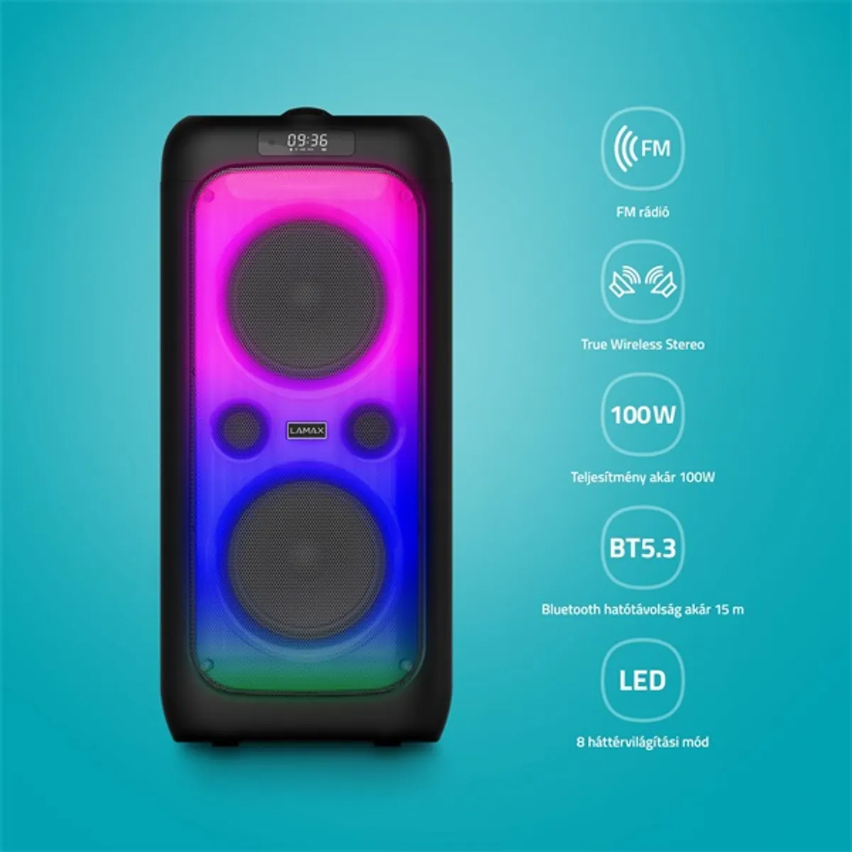 LAMAX LXPSMPK1PSNBA PartyKing1 Plus 100W bluetooth hangszóró 2x hangszóró modulok led party fény vezeték nélküli mikrofon aux bemenet #4