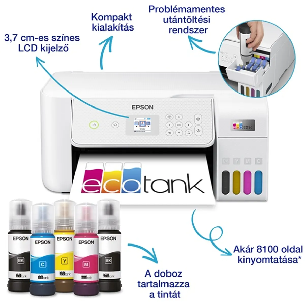 Epson C11CJ66427 EcoTank L3286 fehér színes multifunkciós tintasugaras, WiFi, USB 2.0, ePrint, eFax, Web, A4, bemeneti 100 lap, kimeneti 30 lap #3