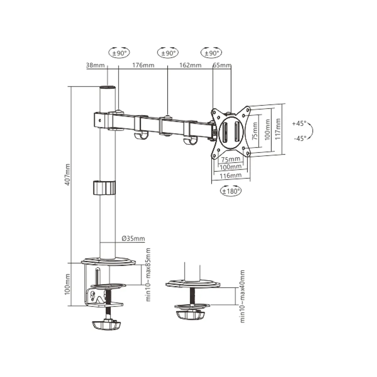 GEMBIRD MA-D1-01 monitortartó kar 17"-32" 9 kg 75x75 100x100 #2