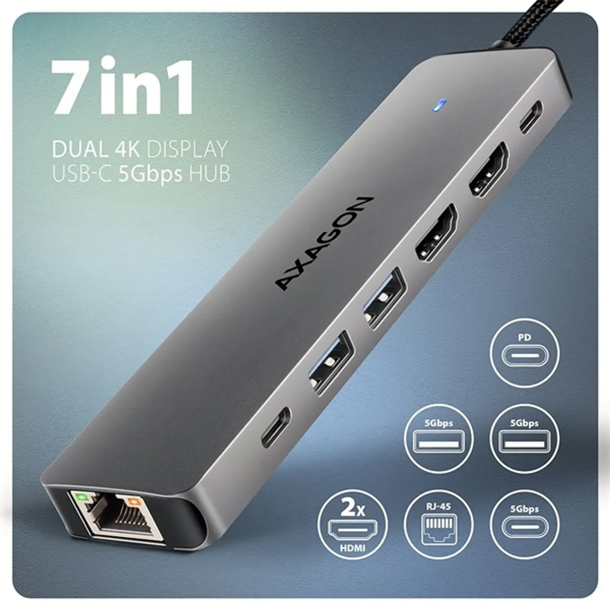 AXAGON HMC-7HX2 7in1 hub USB-C 4x USB 5Gbps 4K 2x HDMI 1GbE #2