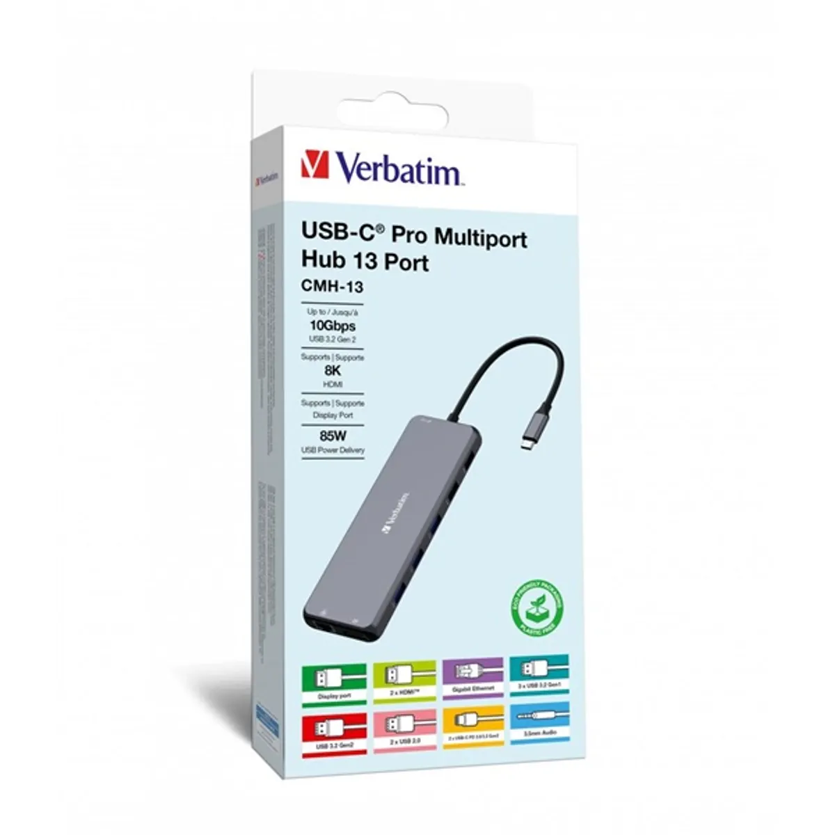 Verbatim 32153 CMH-13 13-portos USB-C Pro multiport hub USB-C bemenet, HDMI 2 db, DP 1 db, USB-A 8 db, RJ-45 gigabit #4