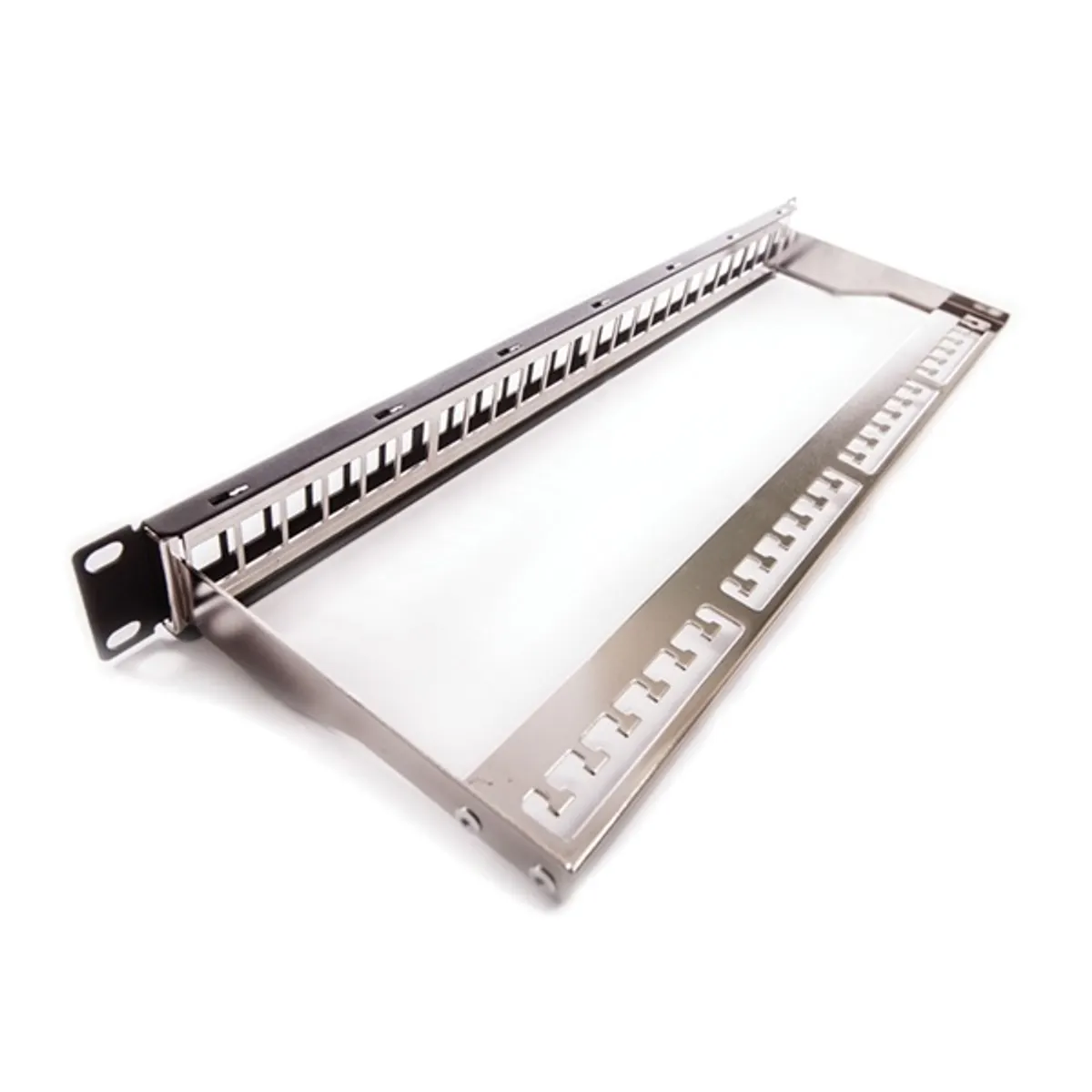 KELine KEP-EMPTY-S Patch panel 1U fekete üres 24 keystone jack, 19"-os kialakítás, hátsó kábel-menedzsment, M6 csavar-készlet, földelő csavar #1