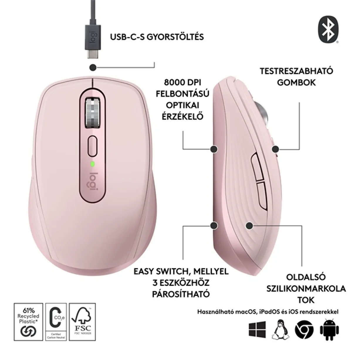 Logitech 910-006931 MX Anywhere 3S rózsaszín 8000 DPI Bluetooth és RF USB-C #2