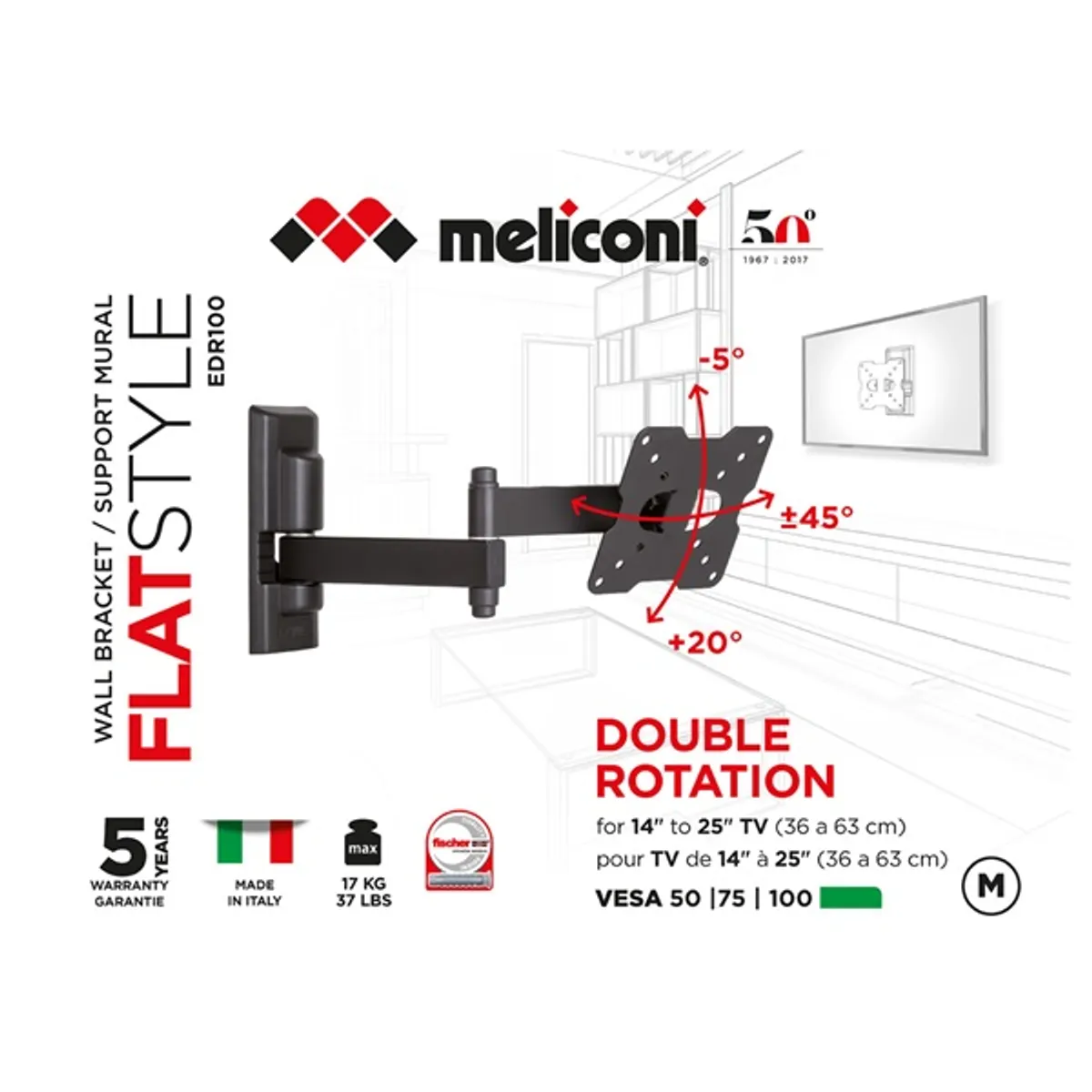 MELICONI 580460 FlatStyle FDR100 14"-25" VESA 100x100 dupla karos dönthető forgatható fali konzol #2