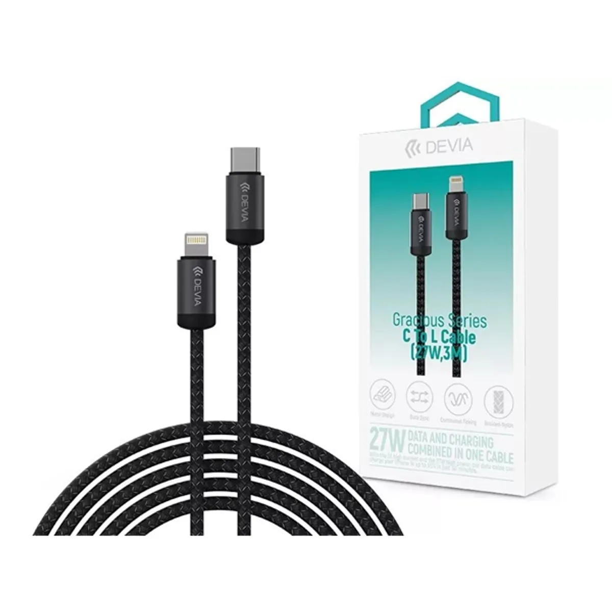 Devia ST124349 Gracious Series fekete 3 m USB-C Lightning adat- és töltőkábel 27W PD #1