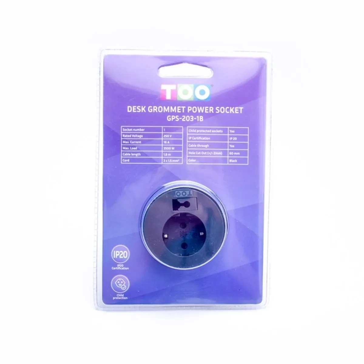 TOO GPS-203-1B beépíthető hálózati elosztó 1x SCHUKO 1,8 m fekete IP20 #5