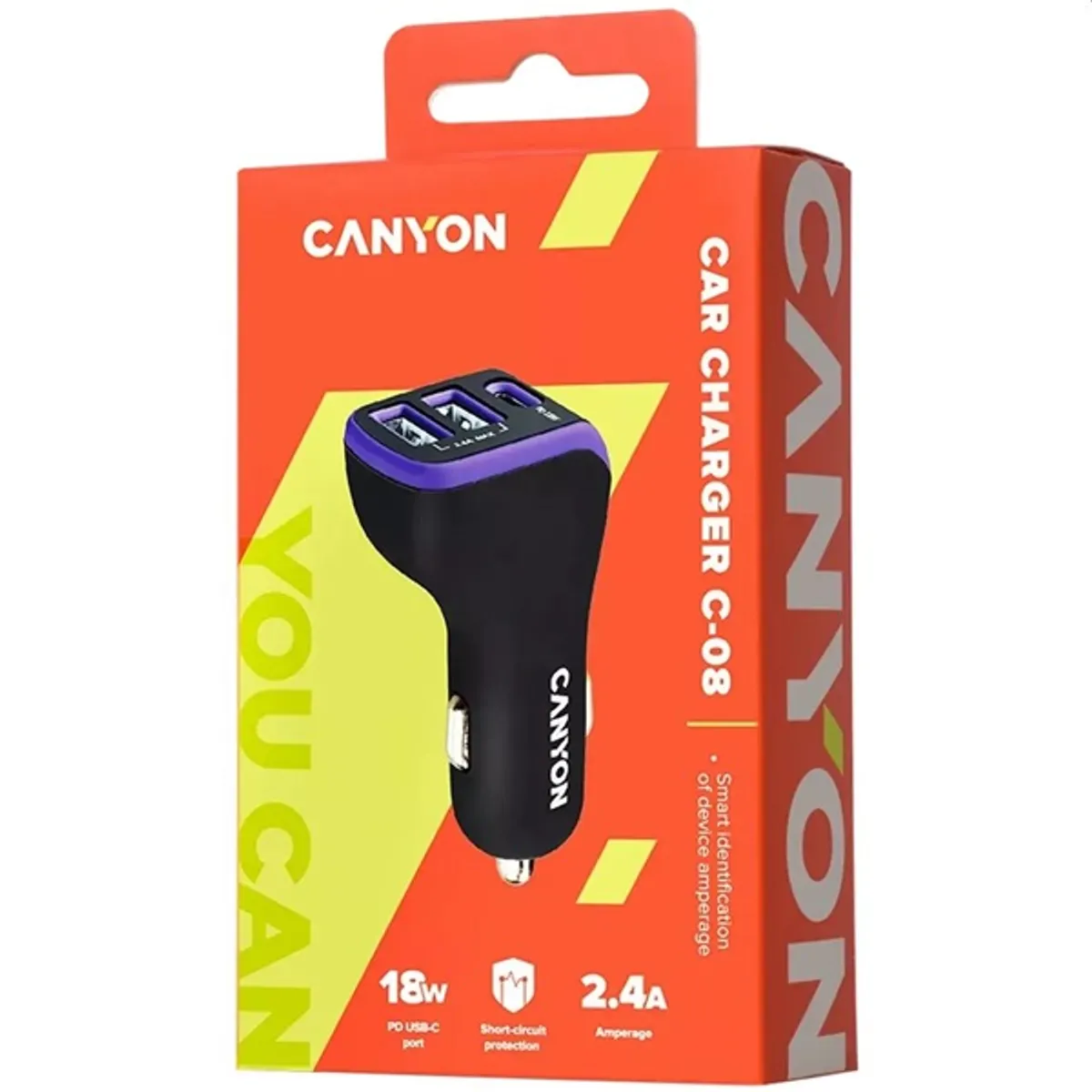Canyon CNE-CCA08PU autós töltő 3-portos, 2x USB-A, 1x USB-C PD 18W, bemenet 12-24V, fekete-lila #4