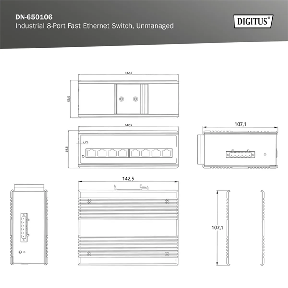 DIGITUS DN-650106 Ipari 8-portos Fast Ethernet Switch Fém Fekete-kék DIN-sínre és falra szerelhető #8