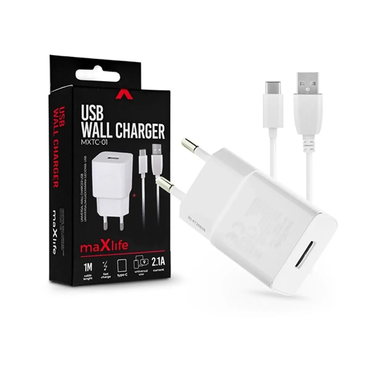 MAXLIFE TF-0100 univerzális fehér műanyag hálózati töltő USB-C 1m kábel 5V 2,1A 110-240V bemenet #1