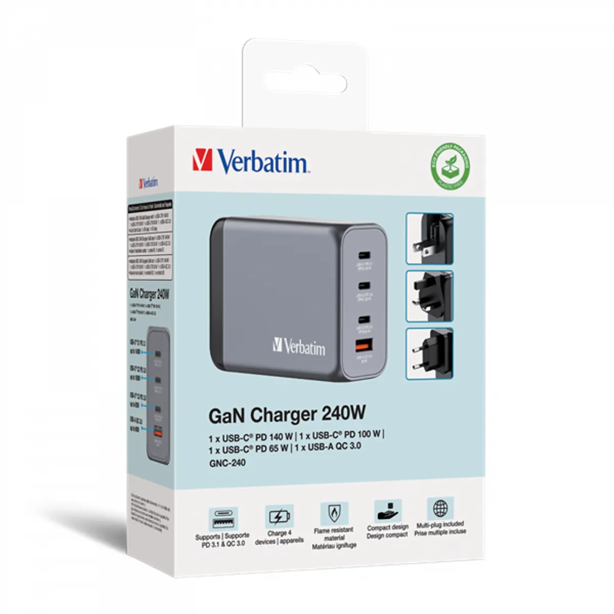 Verbatim 32205 GNC-240 GaN töltő 4-port USB-C PD USB-A QC 3.0 100-240V fekete #7
