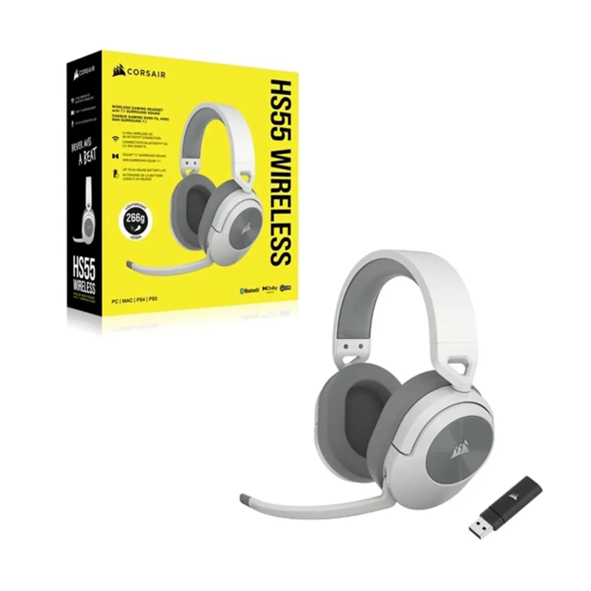 CORSAIR CA-9011281-EU HS55 vezeték nélküli bluetooth 7.1 fehér baloldali mikrofon 50 mm 32 ohm 114 dB 24 óra PC, MAC, mobiltelefon, PlayStation 4, PlayStation 5 #5