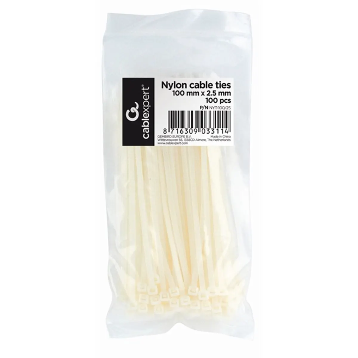 GEMBIRD NYT-100/25 kábelkötegelő 100 mm hosszú 2,5 mm széles fehér nylon önzáró 100 db #1