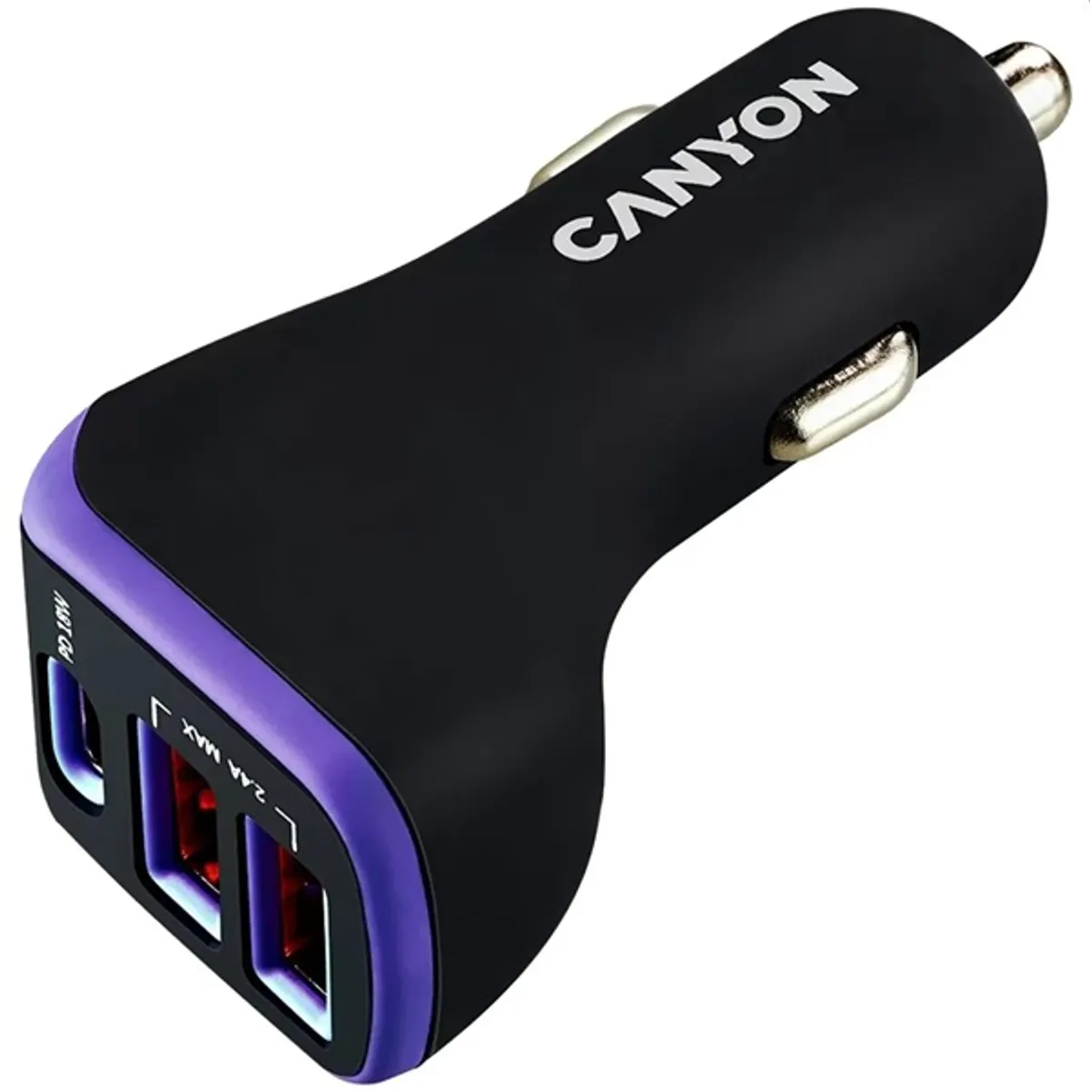 Canyon CNE-CCA08PU autós töltő 3-portos, 2x USB-A, 1x USB-C PD 18W, bemenet 12-24V, fekete-lila #1