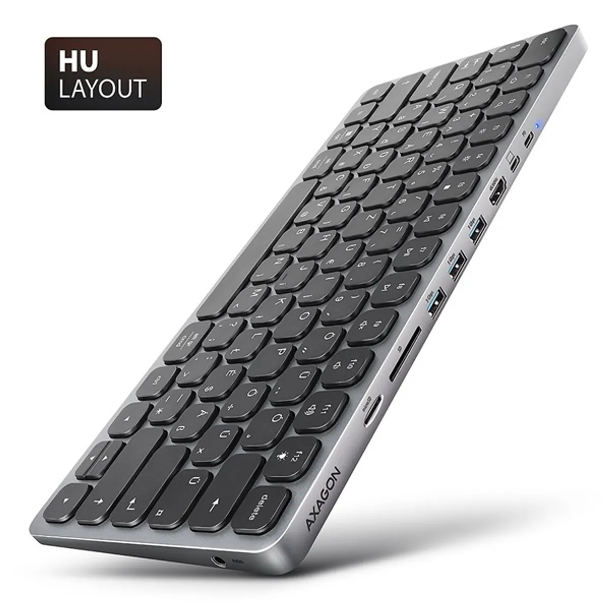 AXAGON HMC-KB-HU billentyűzet hub 9in1 USB-C;HDMI;SD/microSD;3x USB-A;PD 100W;60 cm;magyar elrendezés;alumínium #1
