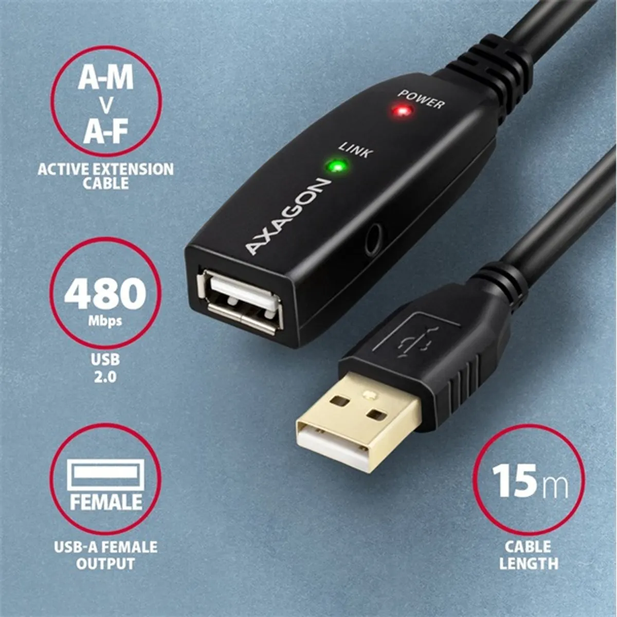 Axagon ADR-215 aktív USB hosszabbító kábel 15 m fekete USB A apa USB A anya #2