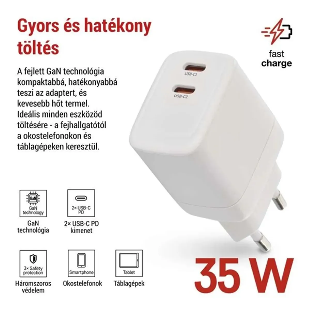 EMOS V03G35 GaN PD 35 W univerzális USB töltő 2 USB-C Fehér #2