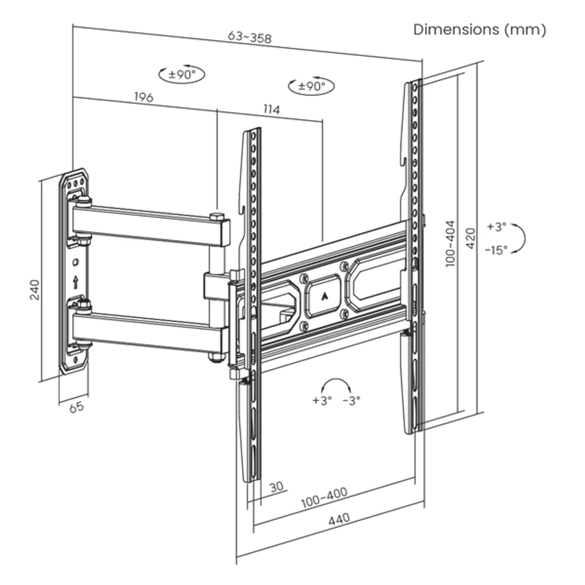 SBOX PLB-3644-2 Fali konzol 32"-55" max terhelés 35 kg VESA 100x100-400x400 Dönthető 3-15 Forgatható 90-90 Magasság állítható Kábelrendező Beépítés falra #8